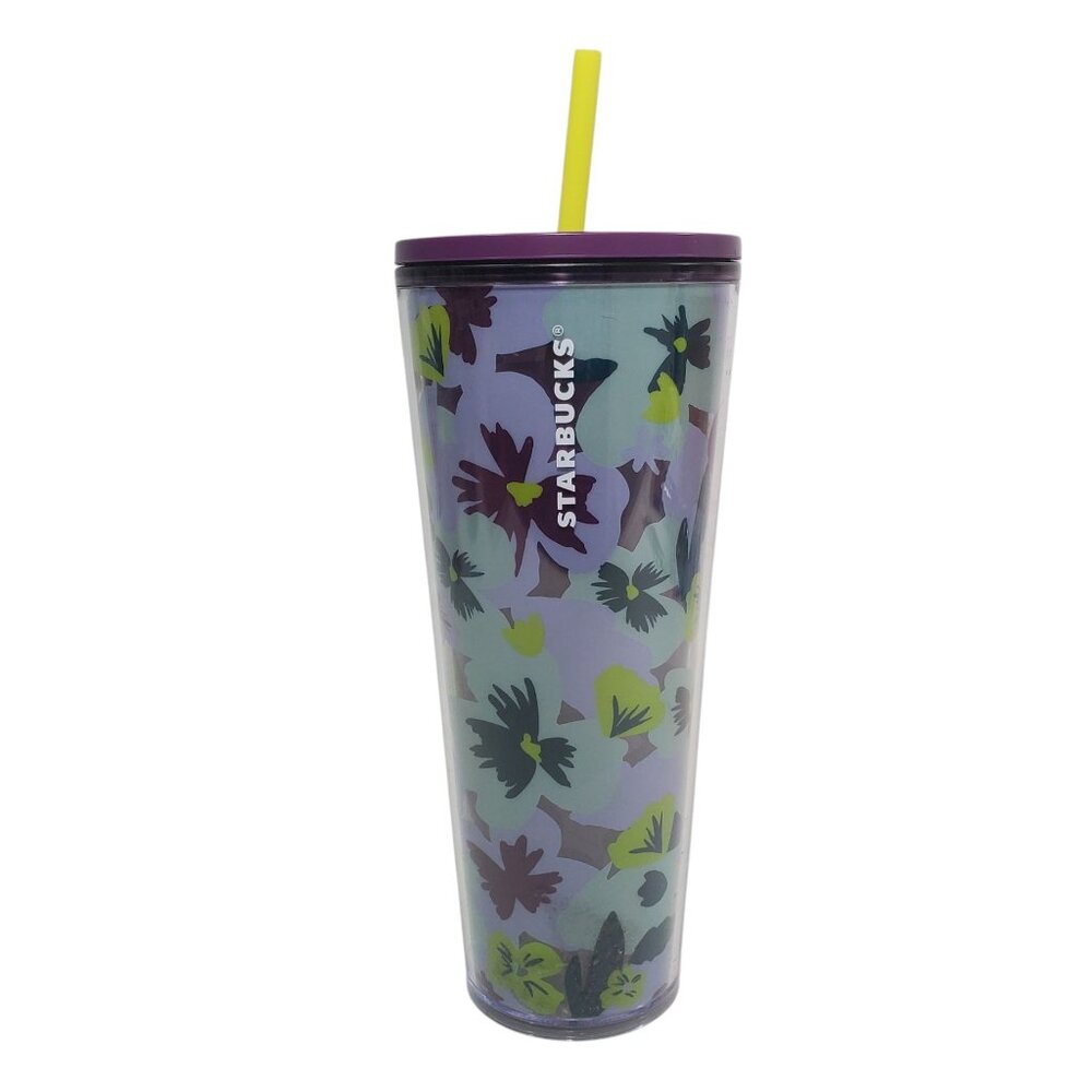 Starbucks 24 Oz Floral Print Tumbler With Lid & Straw Purple & Green Design